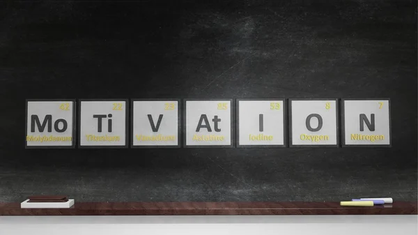 Tavola periodica degli elementi simboli utilizzati per formare la parola Motivazione, sulla lavagna . — Foto Stock