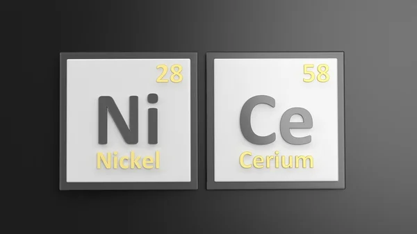 Tabla periódica de elementos símbolos utilizados para formar la palabra Nice, aislado en negro — Foto de Stock