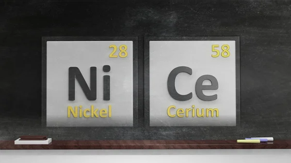 Tabla periódica de elementos símbolos utilizados para formar la palabra Niza, en pizarra — Foto de Stock