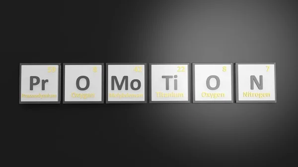 Tabla periódica de elementos símbolos utilizados para formar la palabra Promoción, aislado en negro —  Fotos de Stock