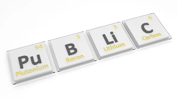 Tabla periódica de elementos símbolos utilizados para formar la palabra Público, aislado en blanco . — Foto de Stock