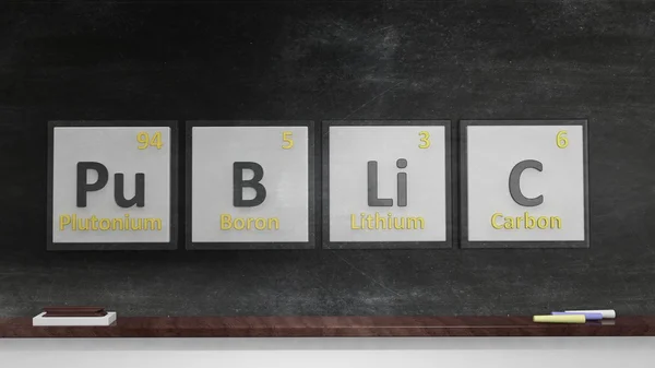 Periodic table of elements symbols used to form word Public, on blackboard — Stock Photo, Image