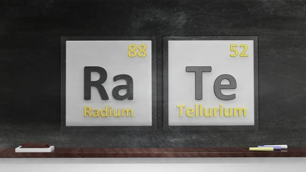 Tabla periódica de elementos símbolos utilizados para formar palabras Rate, en pizarra —  Fotos de Stock