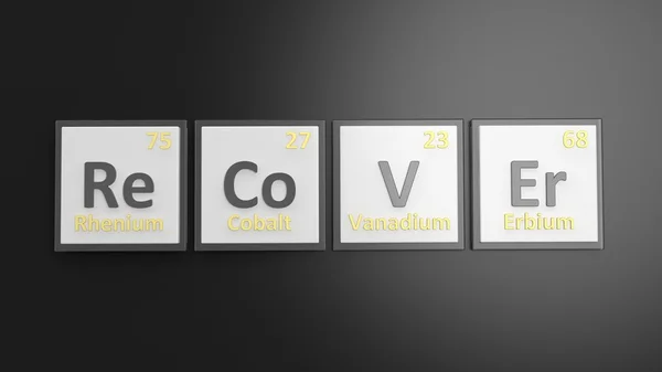 Tabla periódica de elementos símbolos utilizados para formar la palabra Recuperar, aislado en negro —  Fotos de Stock