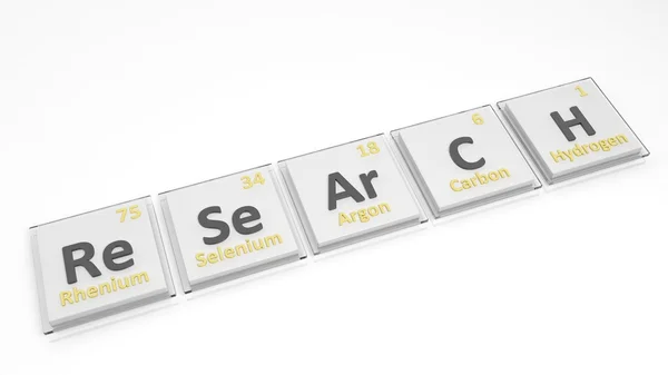 Periodic table of elements symbols used to form word Research, isolated on white. — Stock Photo, Image