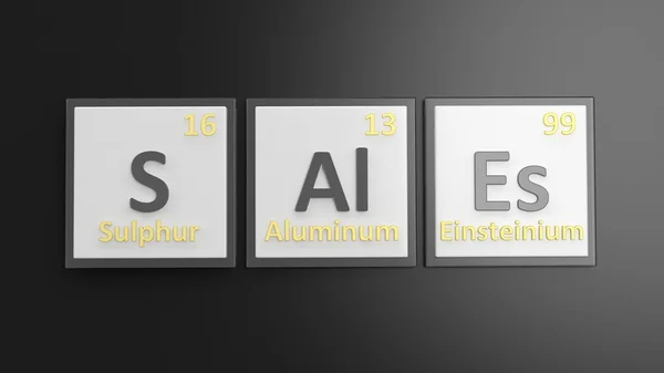 Periodensystem der Elemente Symbole verwendet, um Wortverkäufe zu bilden, isoliert auf schwarz — Stockfoto