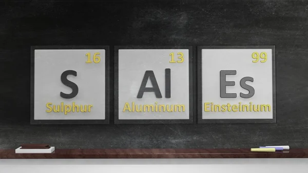Tabla periódica de elementos símbolos utilizados para formar la palabra Ventas, en pizarra — Foto de Stock