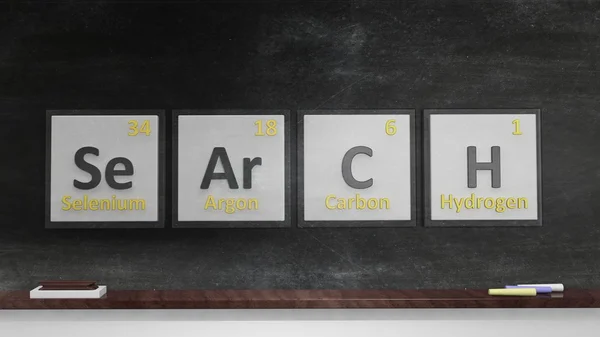 Periodiek systeem der elementen symbolen gebruikt naar vorm word Search, op blackboard — Stockfoto