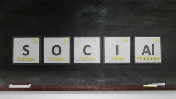 元素周期表中的元素符号用到黑板上的单词形式社会， — 图库照片