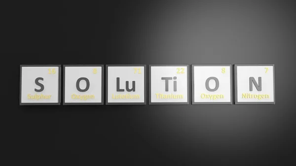 Tabla periódica de elementos símbolos utilizados para formar la palabra Solución, aislado en negro —  Fotos de Stock