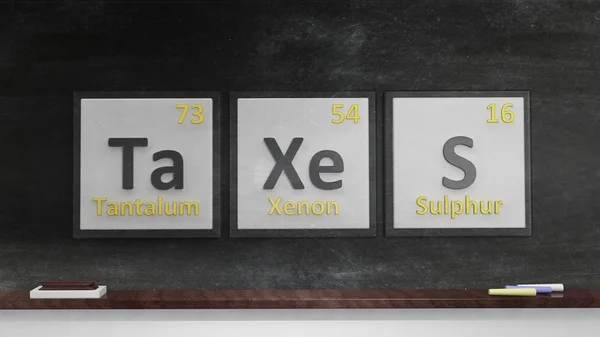 Tabla periódica de elementos símbolos utilizados para formar la palabra Impuestos, en pizarra — Foto de Stock