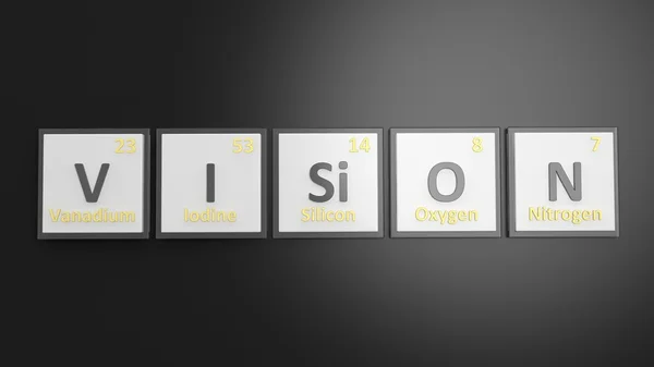 Tavola periodica degli elementi simboli utilizzati per formare la parola Visione, isolata su nero — Foto Stock