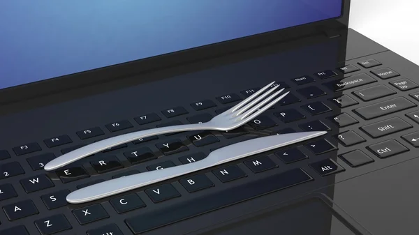 笔记本电脑键盘，概念背景上的刀和叉. — 图库照片