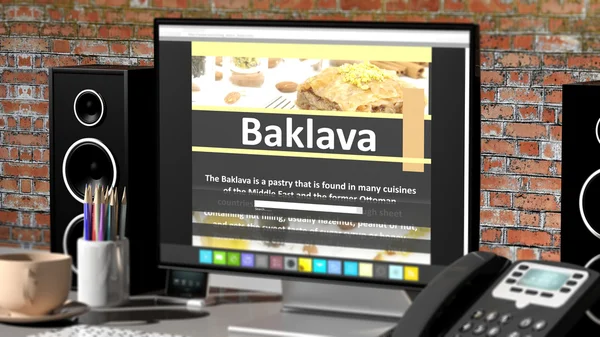 Monitor met Baklava recept op desktop met office-objecten. — Stockfoto