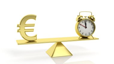 Euro simgesini ve çalar saat, beyaz zemin üzerine altın denge terazisi.