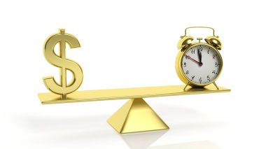 Doları sembolü ve çalar saat, beyaz zemin üzerine altın denge terazisi.