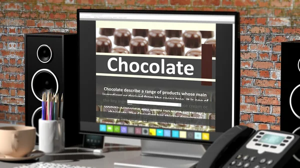 Monitor met chocolade recept op desktop met office-objecten. — Stockfoto