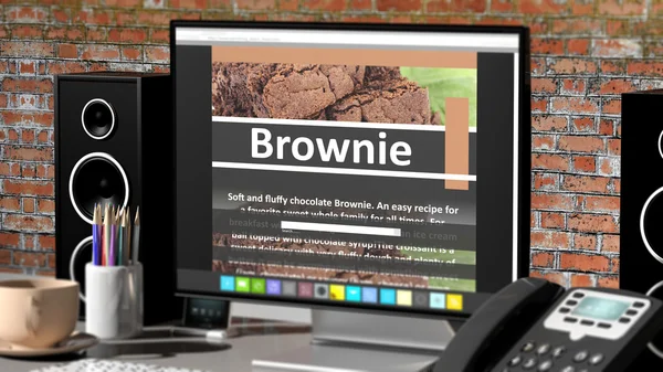 Beeldscherm met een recept van de Brownie op desktop met office-objecten. — Stockfoto