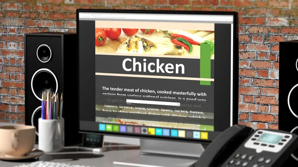 Monitor mit Hühnerrezept auf dem Desktop mit Büroobjekten. — Stockfoto