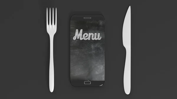 Garfo, faca e smartphone com Menu escrito na tela, isolado em fundo preto . — Fotografia de Stock