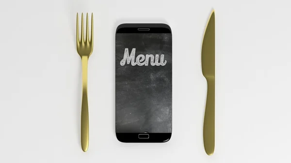 Fourchette dorée et couteau avec smartphone avec Menu écrit à l'écran, isolé sur fond blanc . — Photo