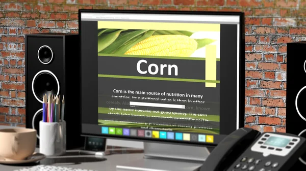 Monitor mit Mais-Informationen auf dem Desktop mit Büroobjekten. — Stockfoto