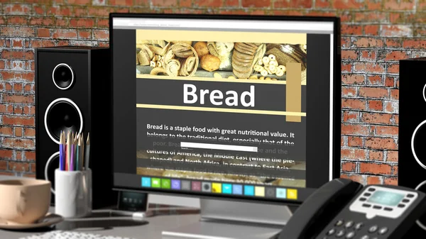 Moniteur avec recette de pain sur le bureau avec des objets de bureau . — Photo