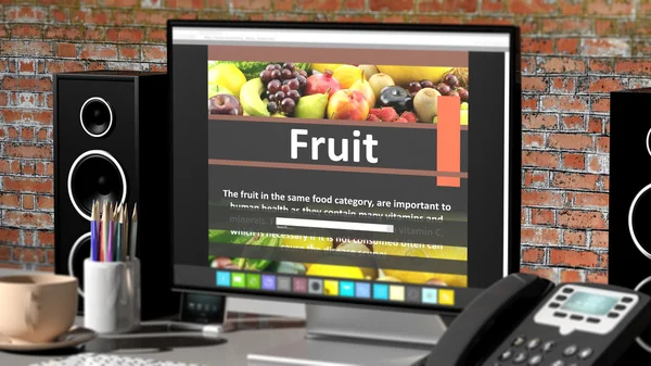 Monitore com informações Fruit na área de trabalho com objetos de escritório . — Fotografia de Stock