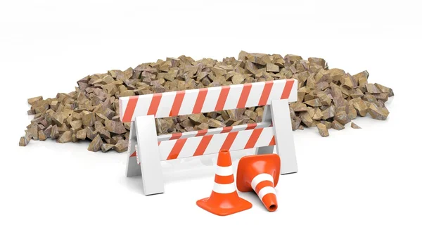 Safety cone and barrier and pile of stones, isolated on white background. — Stock Photo, Image