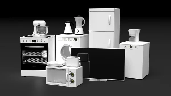 Group of home appliances isolated on black background — Stock Photo, Image