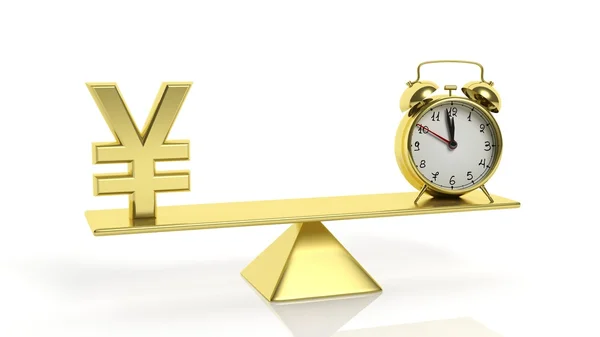 Golden balance scale with Yen symbol and alarm clock, on white background. — Stock Photo, Image