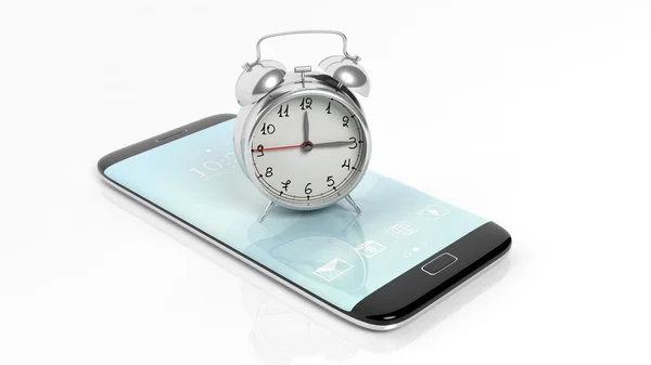 Reloj despertador en la pantalla del smartphone, aislado sobre fondo blanco . —  Fotos de Stock