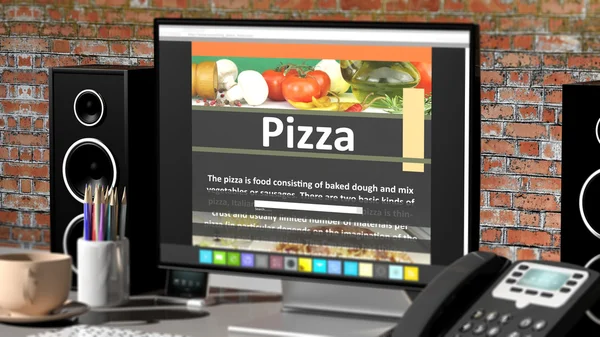 Monitor mit Pizza-Rezept auf dem Desktop mit Büroobjekten. — Stockfoto