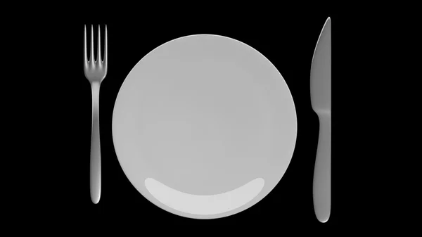 Silbergabel und Messer mit einem Teller, isoliert auf schwarzem Hintergrund. — Stockfoto