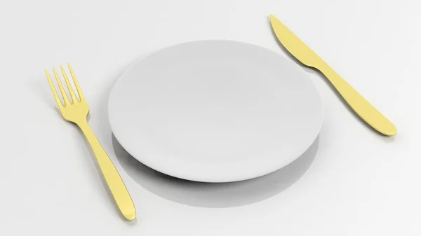 Fourchette dorée et couteau avec une assiette, isolé sur fond blanc . — Photo