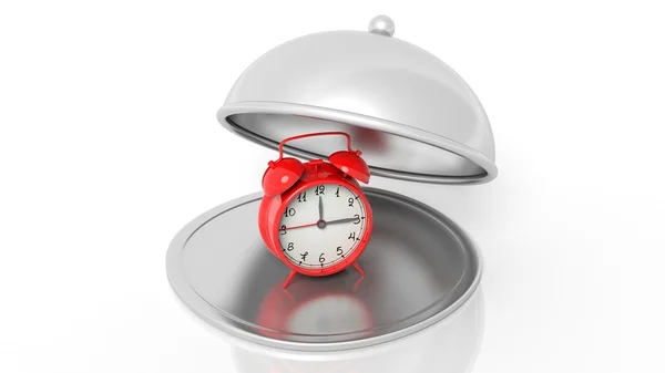 Alarm clock on silver cover dish, isolated on white background. — Stock Photo, Image