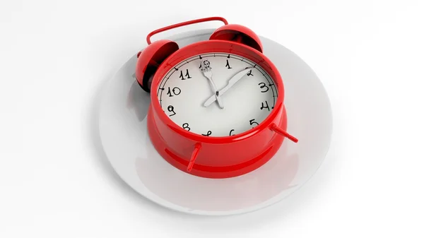 Red alarm clock with fork and knife pointers on plate, isolated on white background. — Stock Photo, Image