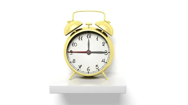Retro gold alarm clock on white wall shelf — Stock Photo, Image