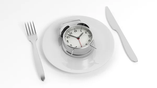 Reloj despertador en placa con tenedor y cuchillo, aislado sobre fondo blanco . — Foto de Stock