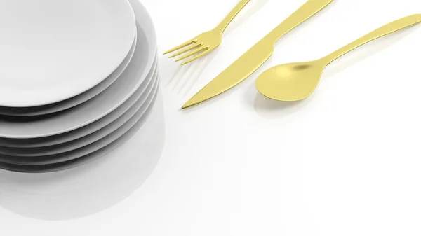 Golden fork, spoon and knife with a stack of plates, isolated on white background. — Stock Photo, Image