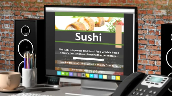 Monitor mit Sushi-Rezept auf dem Desktop mit Büroobjekten. — Stockfoto