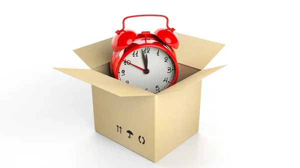 Reloj despertador rojo retro en caja de cartón, aislado sobre fondo blanco . —  Fotos de Stock