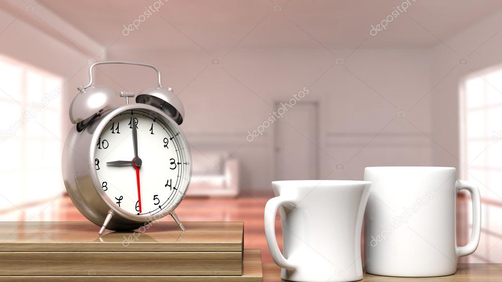Retro alarm clock closeup with two cups of coffee and house interior in the background.