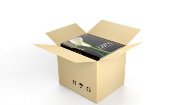 Book on Love with illustrated cover inside an open cardboard box, on white background.
