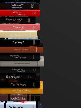 Siyah arka plan üzerine izole çeşitli konuları ile kitap yığını.