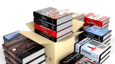 Kitap ile çeşitli konularda, beyaz arka plan üzerinde izole yığını.