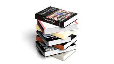 Kitap ile çeşitli konularda, beyaz arka plan üzerinde izole yığını.