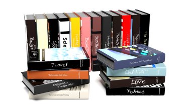 Kitap koleksiyonu ile çeşitli konularda, beyaz arka plan üzerinde izole.