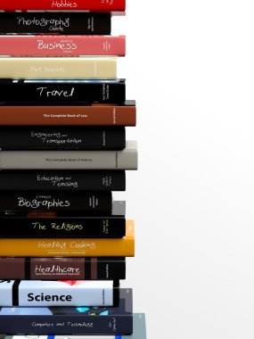 Kitap ile çeşitli konularda, beyaz arka plan üzerinde izole yüksek yığını.