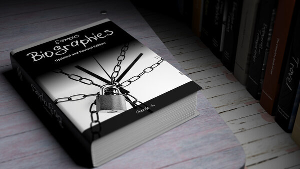 Книга в твердом переплете по известным биографиям с иллюстрацией на обложке, на деревянной поверхности
.